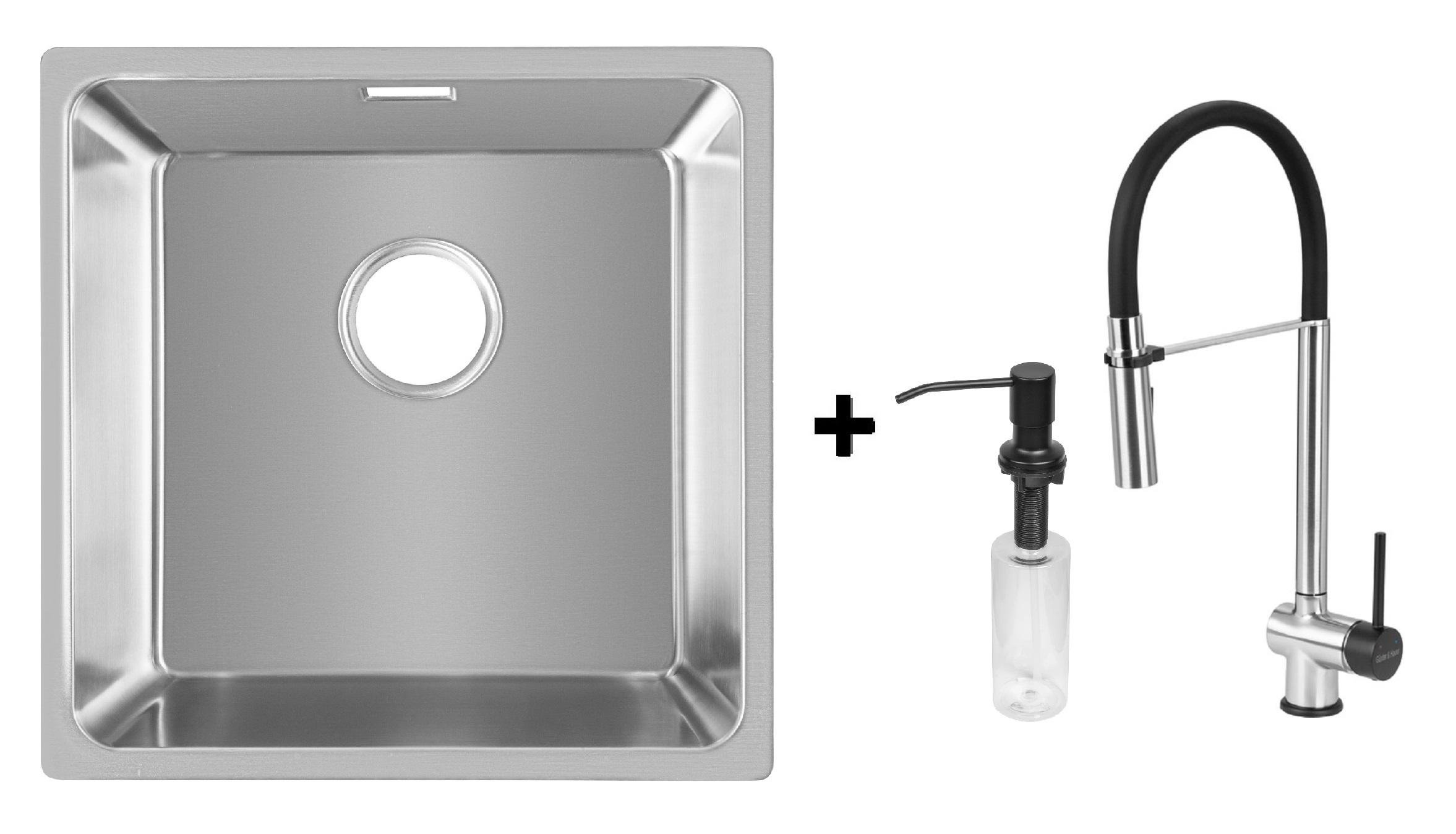 Комплект из кухонной мойки Gunter&Hauer Felda 4420 IX кухонного смесителя Gunter&Hauer EDEL Brush Black и дозатора Gunter&Hauer SOAP DISPENSER Black