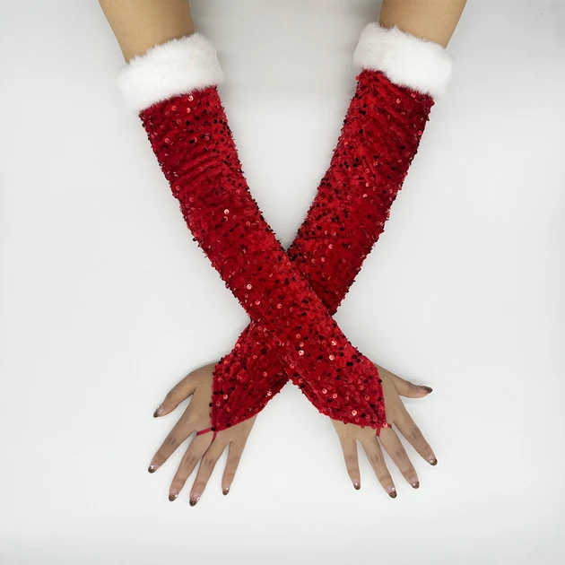 Перчатки новогодние с пайетками и мехом One size Красный (2825448537)