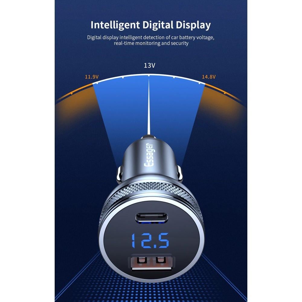 Зарядний пристрій автомобільний Essager USB+USB-C qc 3.0+PD 36 W Metall з дисплеєм (25397327) - фото 5 Зарядний пристрій автомобільний Essager USB+USB-C qc 3.0+PD 36 W Metall з дисплеєм (25397327) - фото 5