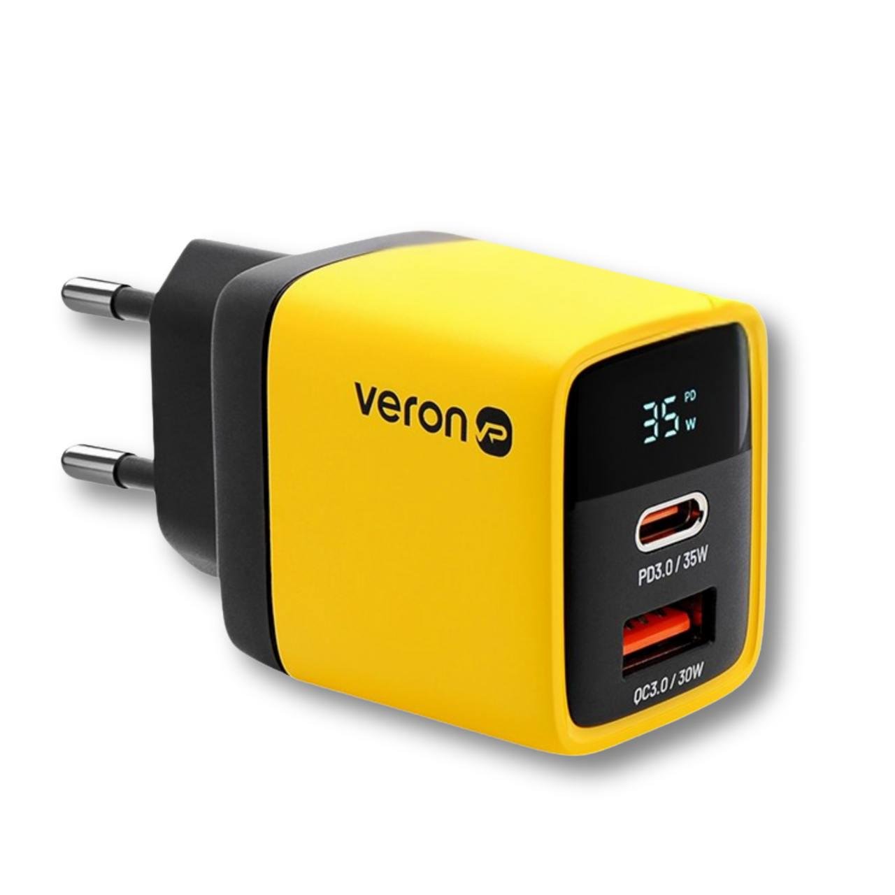 Зарядное устройство Veron TC-35 GaN 35W PD+QC Type-C USB-A с дисплеем Желтый (777650)