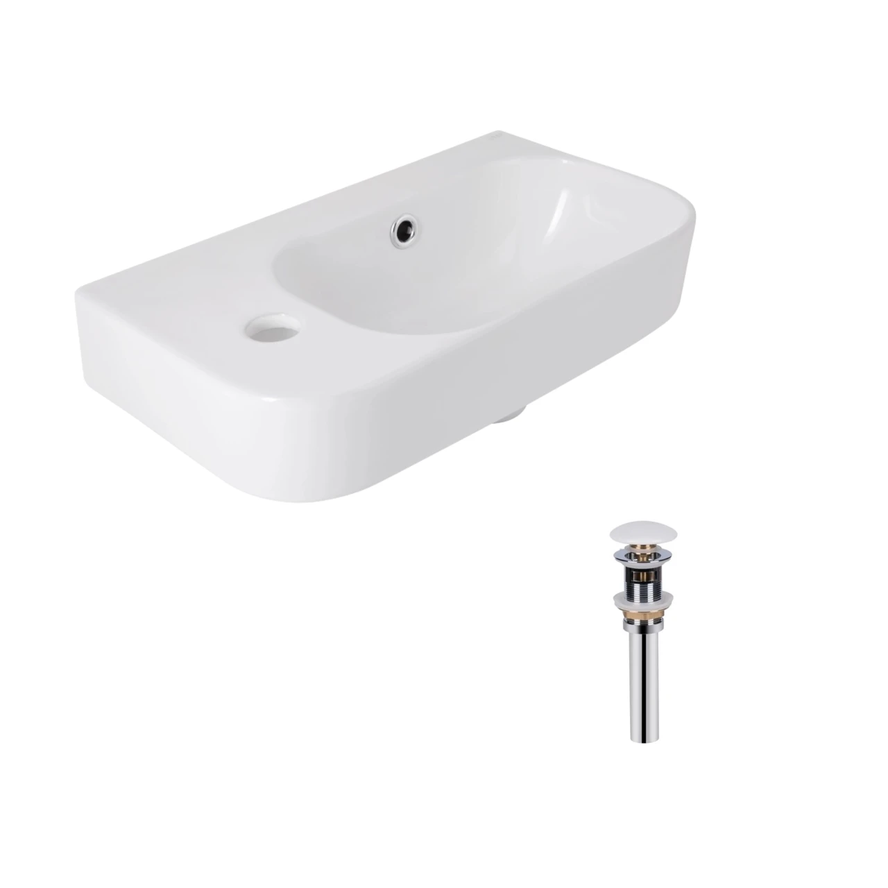 Комплект Qtap Tern раковина подвесная прямоугольная левая 450х250х158 мм White и донный клапан PU02O (2611678610)