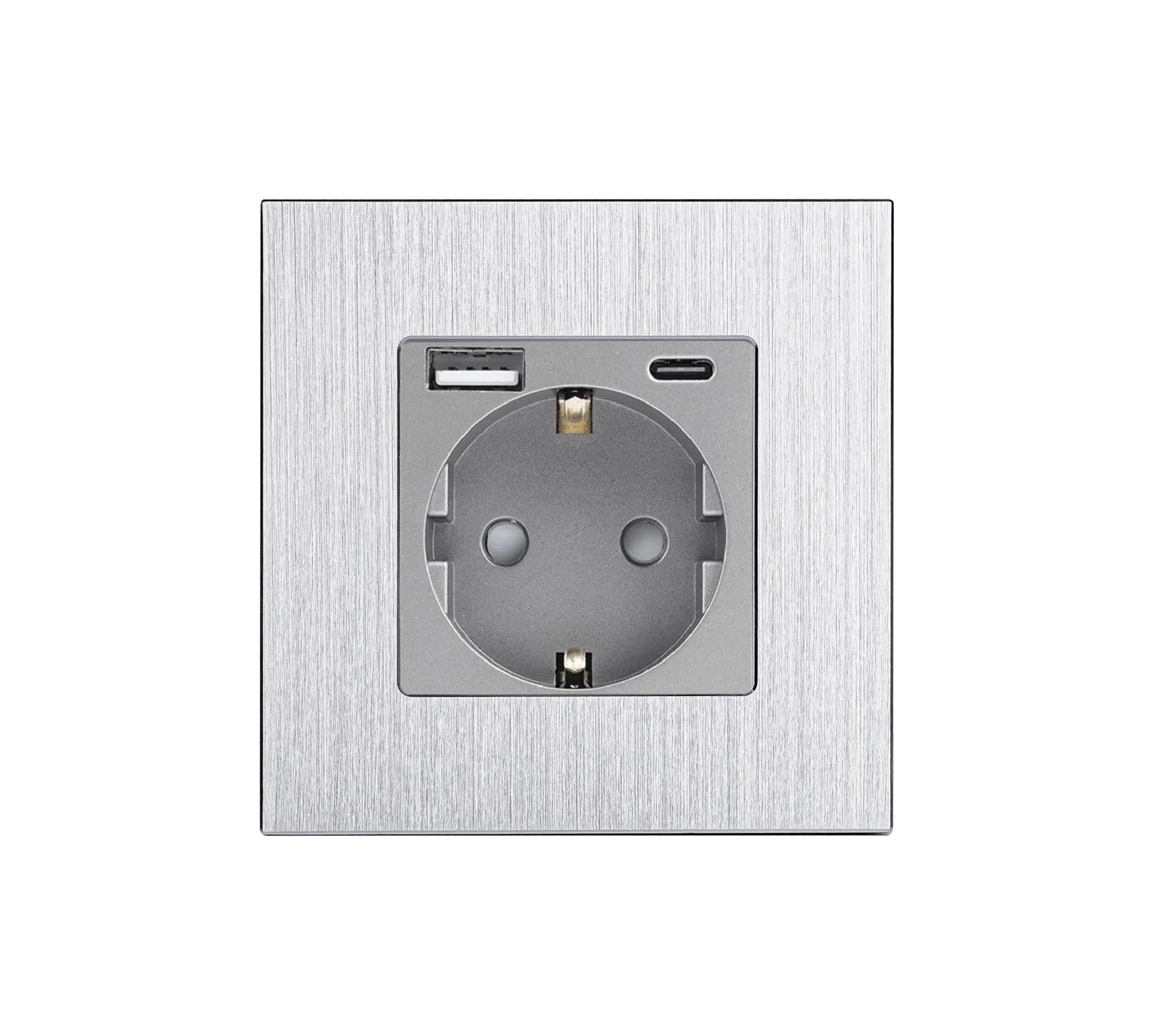 Розетка настенная WALLPAD с USB A+C 20Вт с заземлением сенсорная/ 250В 16А алюминиевая рамка Серый (WP-GAC-GY)