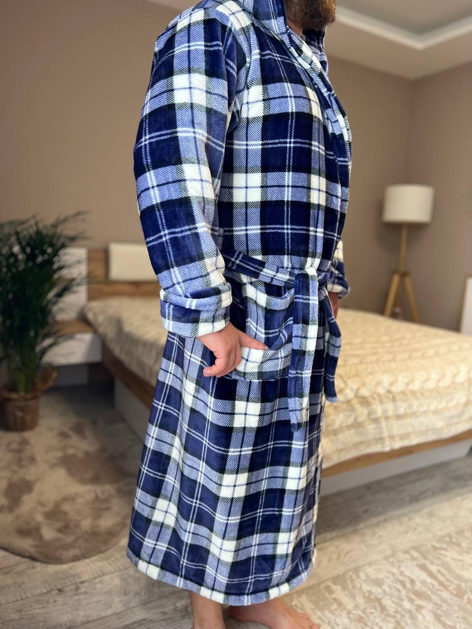 Халат мужской махровый в клеточку L Синий (22936511) - фото 2 Халат мужской махровый в клеточку L Синий (22936511) - фото 2