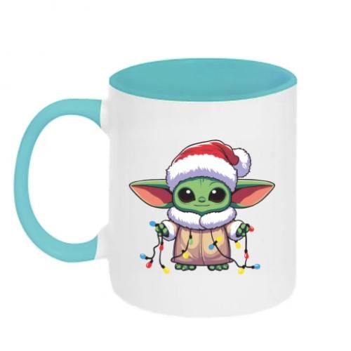 Чашка двухцветная Yoda with Christmas lights 320 мл Белый с бирюзовым (15913925-64-194832)