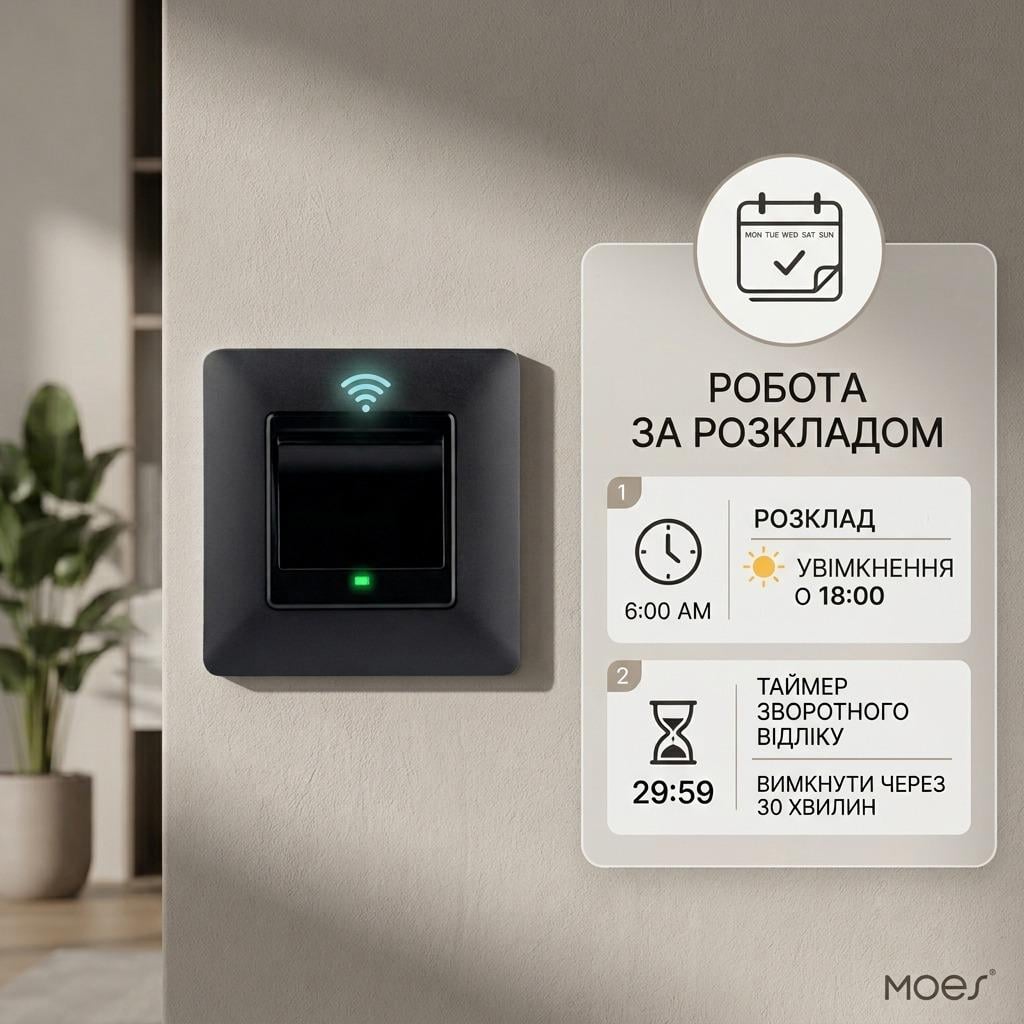 Выключатель Wi-fi Moes Smart Wall module switch 1 клавиша Черный - фото 3 Выключатель Wi-fi Moes Smart Wall module switch 1 клавиша Черный - фото 3