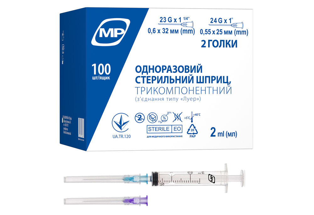 Шприц 3-компонентный MedPlast 2 мл 23G 1 1/4 0,6x32 и 24G 1 0,55x25 (COM01799)