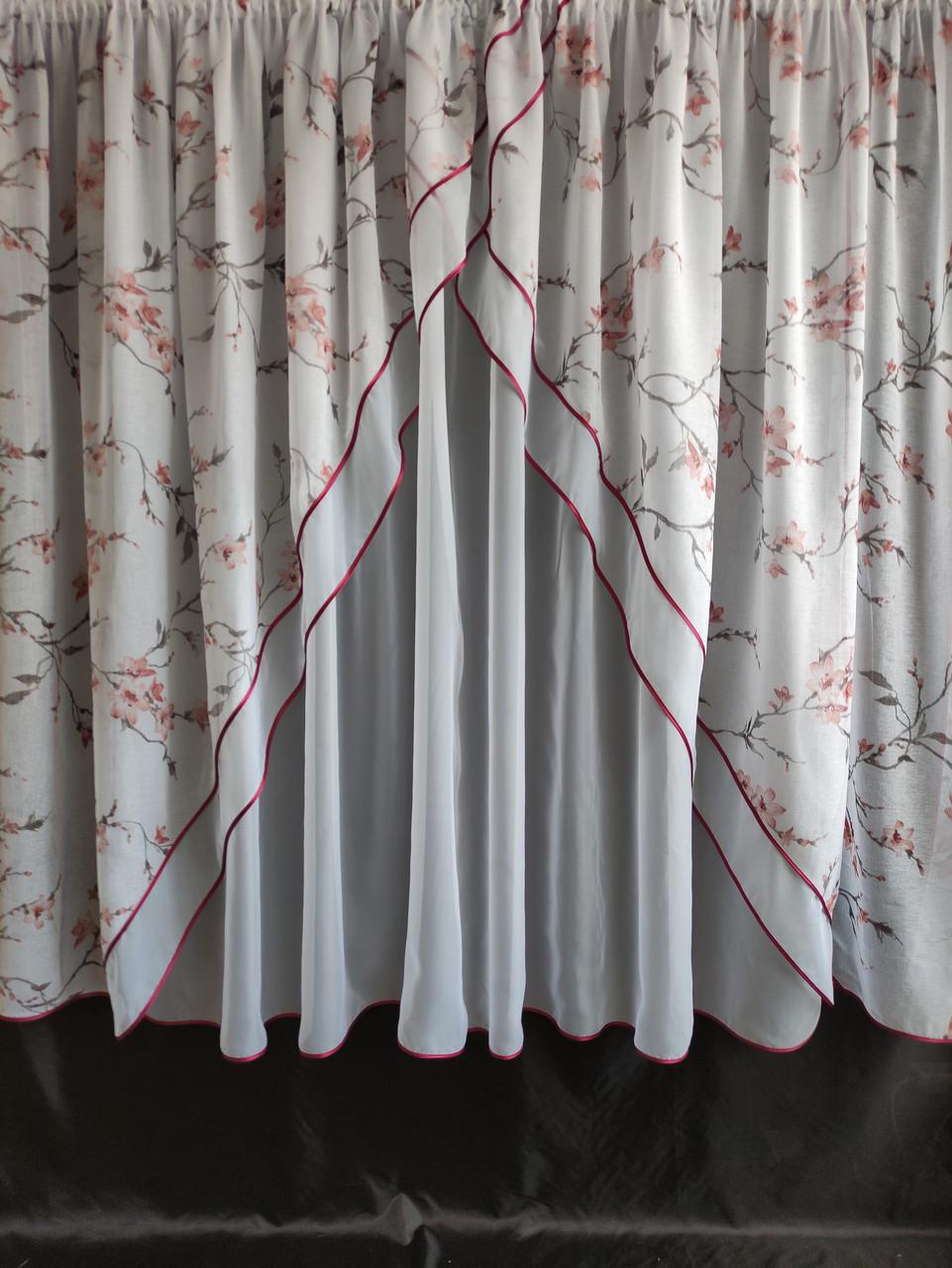 Фіранки кухонні 4х1,8 м Білий з бордовим - фото 1 Фіранки кухонні 4х1,8 м Білий з бордовим - фото 1