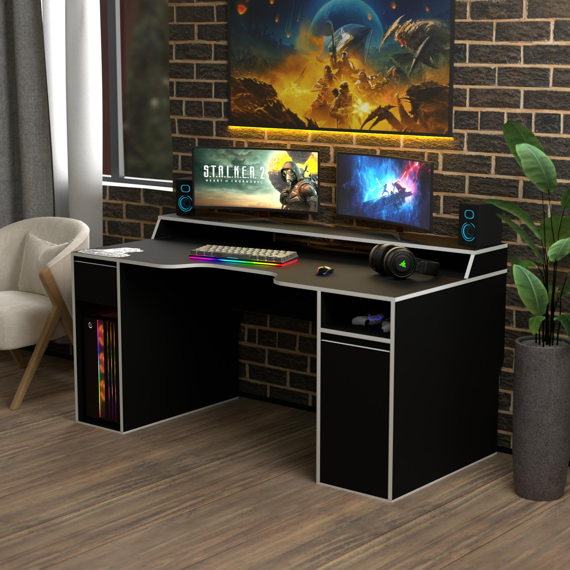 Стол геймерський ергономічний із надбудовою Zeus Rasin RS-27 ламінована ДСП Чорно-білий (RS-27)