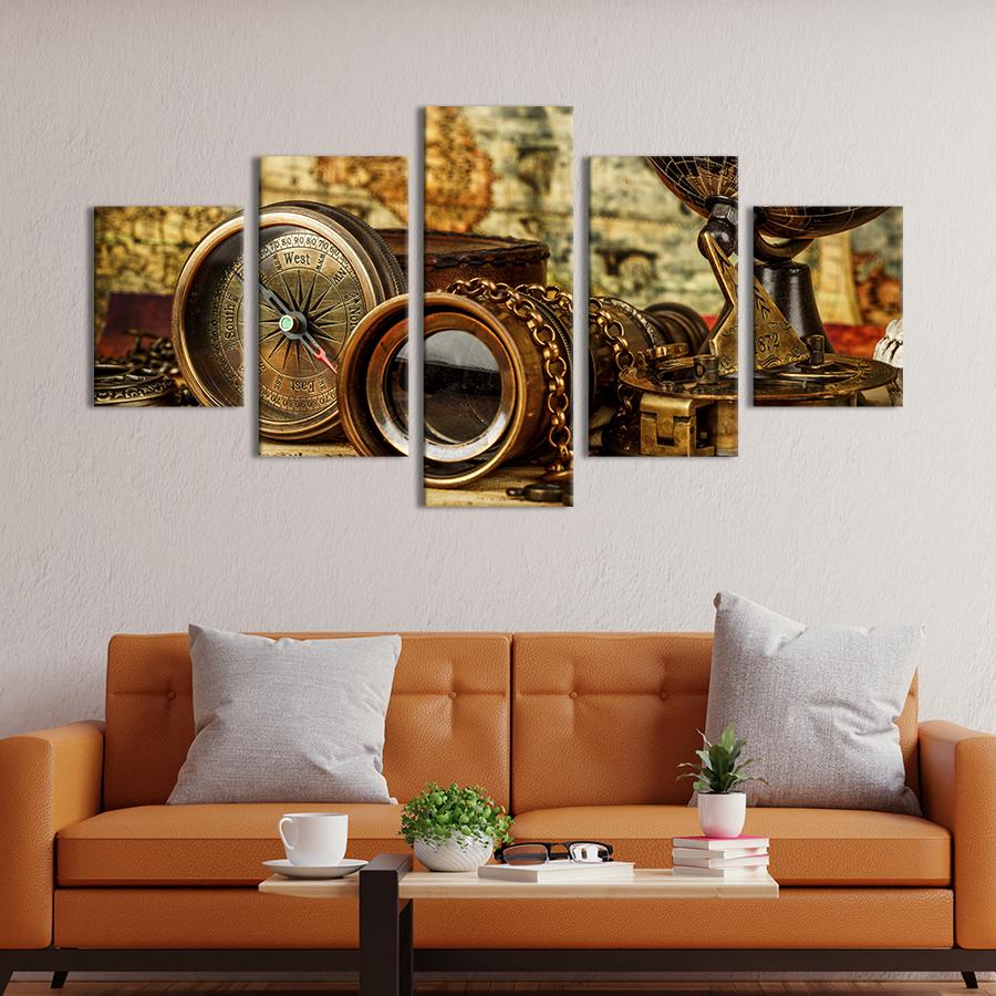 Модульная картина из 5 частей Старинные бинокль, компас и глобус 162x80 см (504-52)