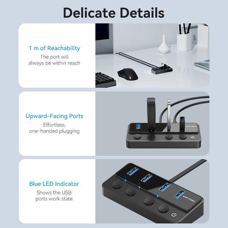 USB-хаб Vention USB-4x USB 3.0/Type-C 5 Гбит/с USB-A 1 м Черный (CHWBF) - фото 10