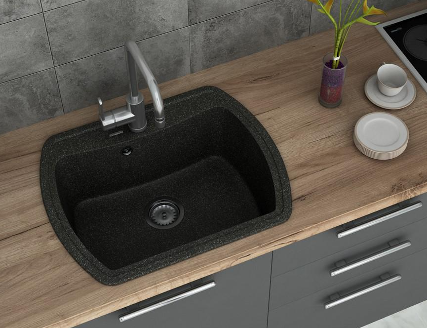 Мойка для кухни Diamant Moderno гранитная со смесителем и сифоном Черный (DM70709)