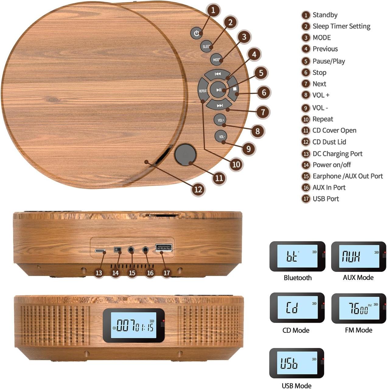 Програвач CD/MP3 Arafuna з FM-радіо Bluetooth AUX із вбудованим акумулятором та динаміками - фото 5 Програвач CD/MP3 Arafuna з FM-радіо Bluetooth AUX із вбудованим акумулятором та динаміками - фото 5