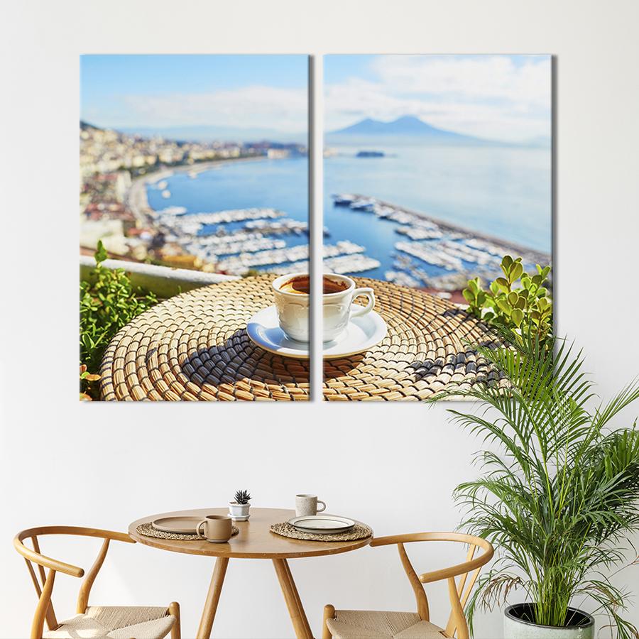 Настінний декор диптих картина на холсті для інтер’єру Кава на тлі моря 71x51 см (302-2)
