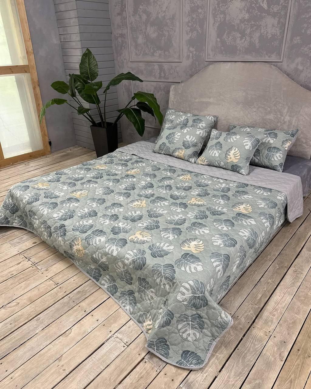 Покрывало тонкое стеганое евро 220х240 см с 2 подушками 40х60 см Серый (Д-mur-cap25-012)