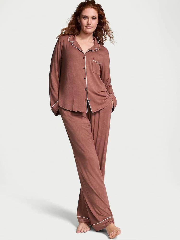 Піжама модал сорочка/штани Victoria's Secret Modal Long Pajama Set Regular L Коричневий (27066890)