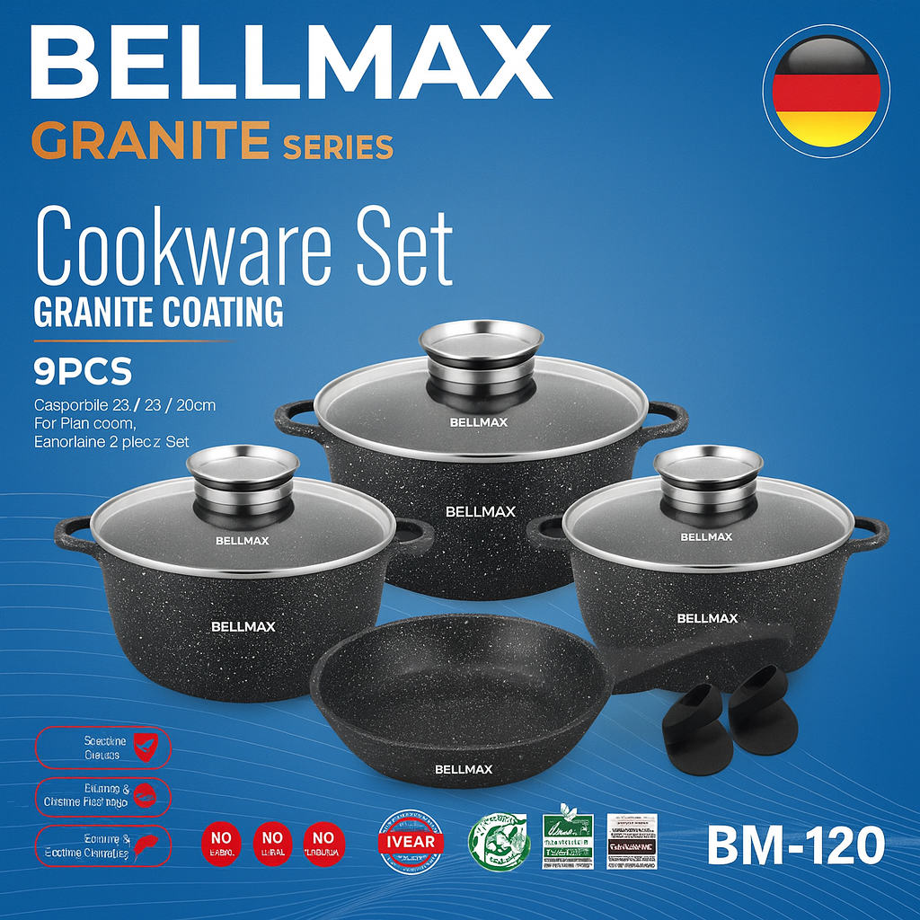 Набір кухонного посуду Bellmax BM-120 з литого алюмінію з гранітним антипригарним покриттям 9 пр. Чорний (984) - фото 4 Набір кухонного посуду Bellmax BM-120 з литого алюмінію з гранітним антипригарним покриттям 9 пр. Чорний (984) - фото 4