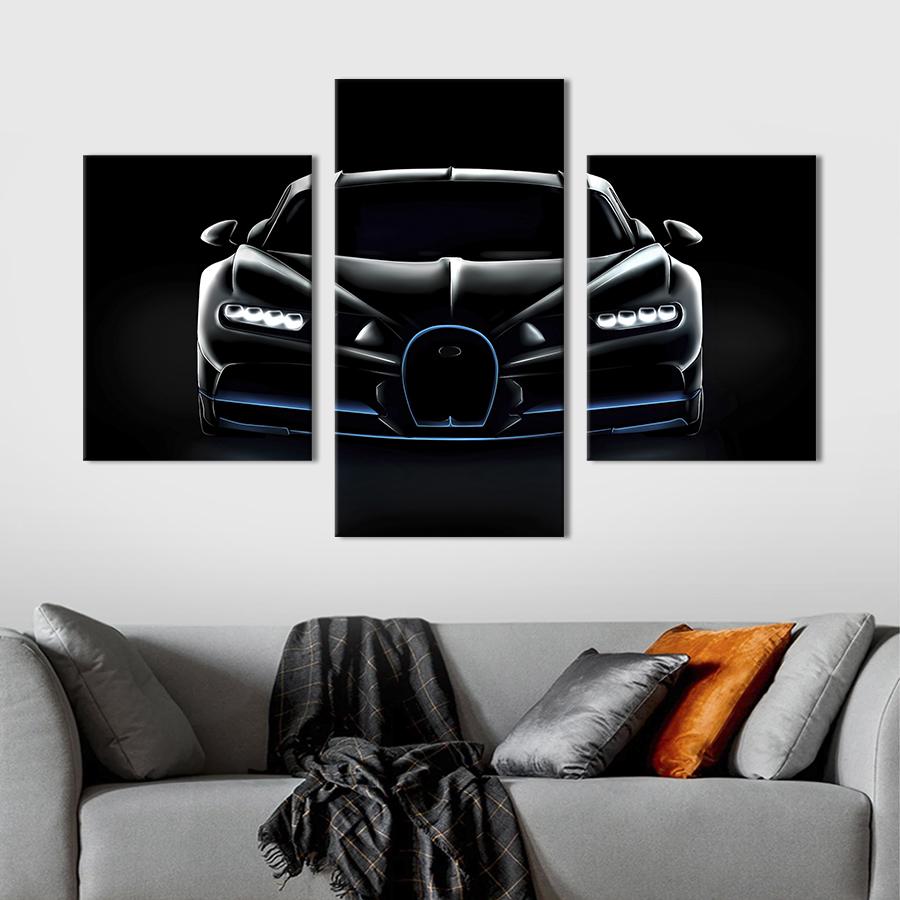 Картина на холсте триптих Чёрный Bugatti Chiron с неоновой подсветкой 66x40 см (1305-32)