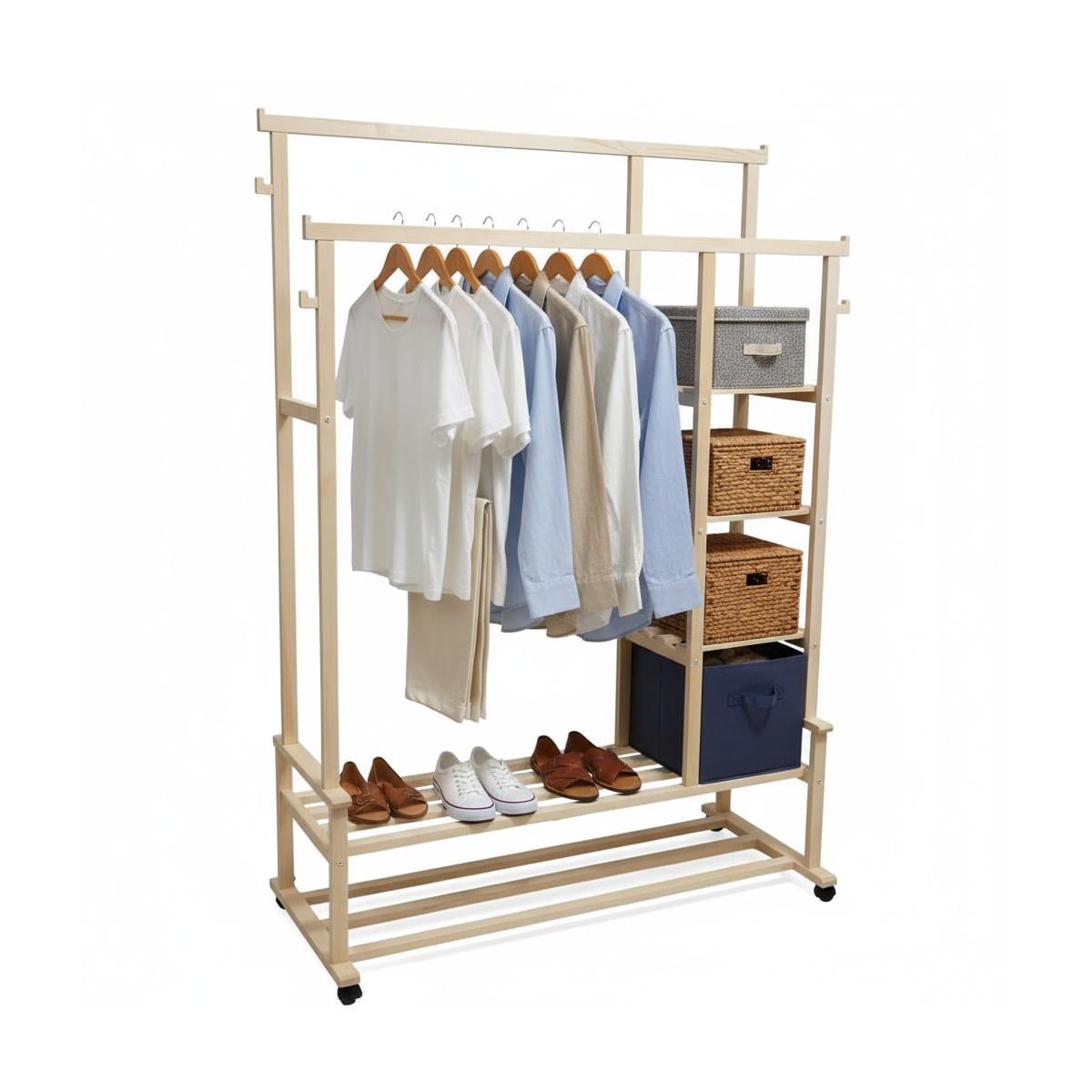Вешалка-стойка напольная EkoSam деревянная с полками на роликах 155х110х51 см Светлое дерево