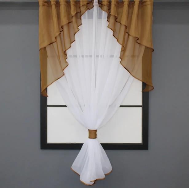 Комплект на кухню тюль/ламбрекен 280х170 см Белый/Коричнево-кофейный (114к)