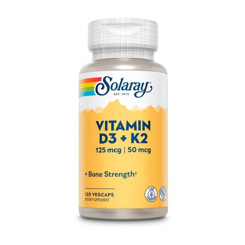 Вітамін D3 5000 МО + K2 MK-7 без сої Solaray Vitamin D3 + K2 Soy Free 120 вег. капс.