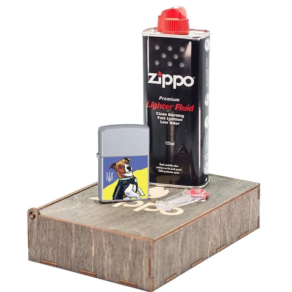 Комплект ZIPPO Зажигалка 205 Пес Патрон 205PP бензин/кремни в подарочной коробке