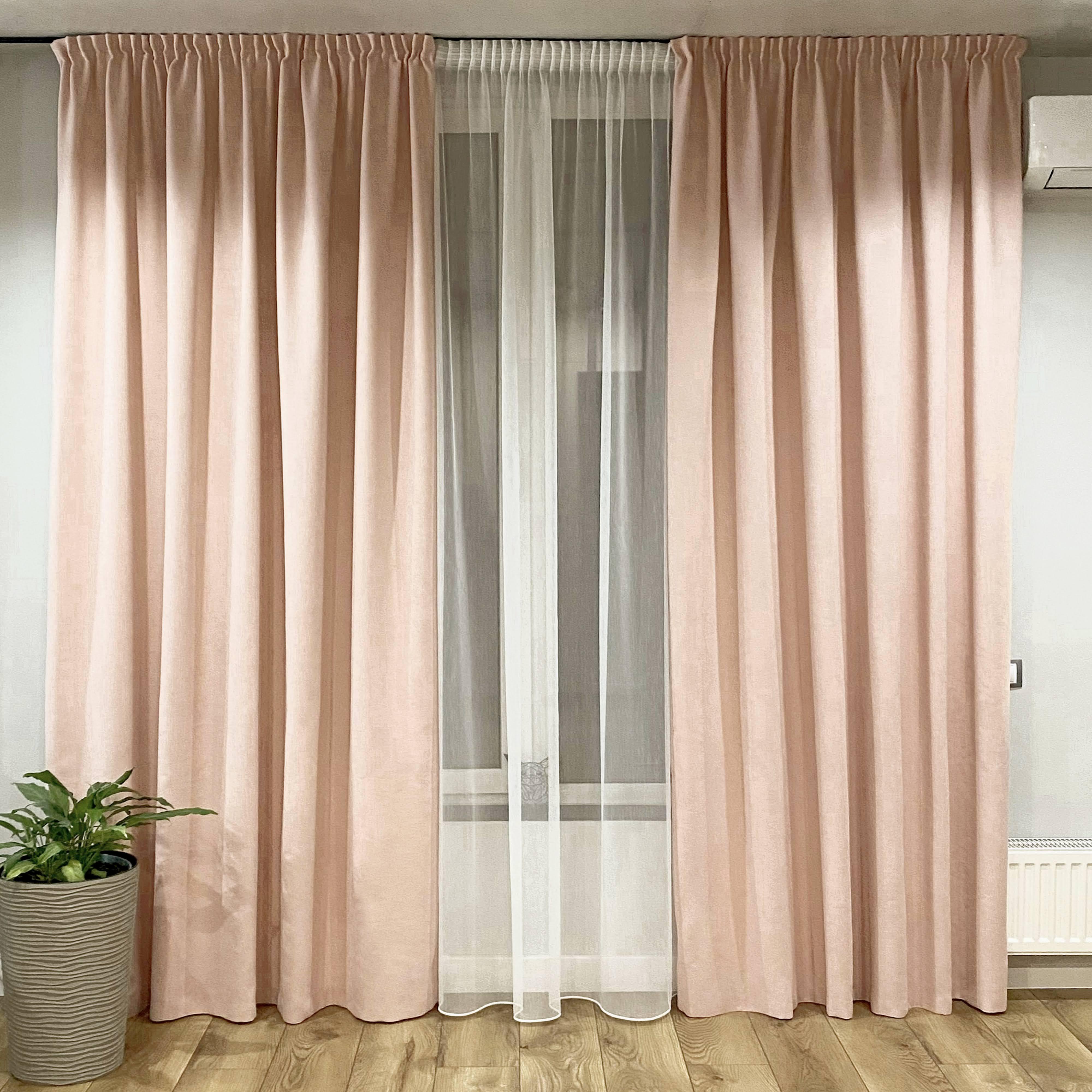 Шторы на тесьме 150х250 см микровелюр 2 шт. и тюль бамбук 300х250 см Розово-персиковый/Теплый Белый (402528-МТ201В/150-300)