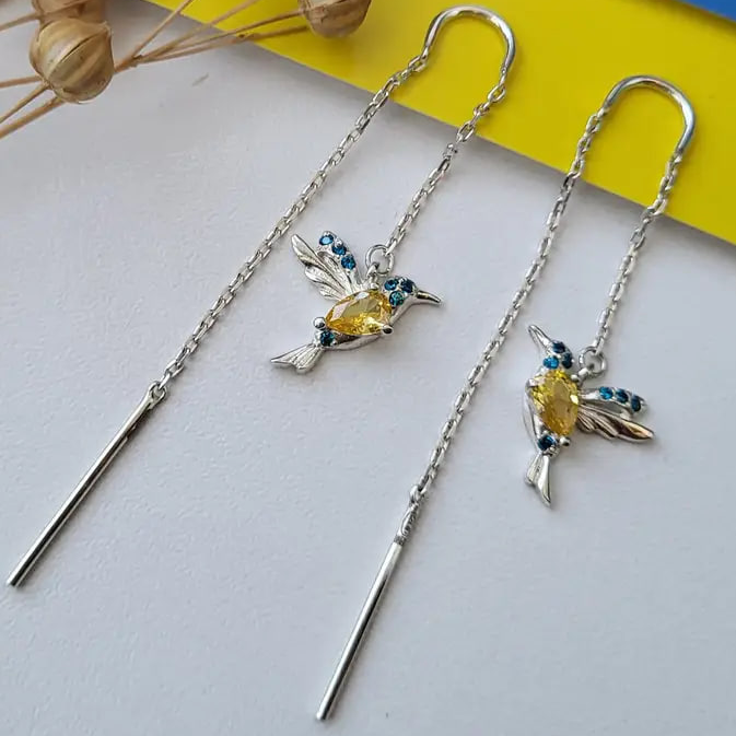 Серьги из серебра Птички с желто-голубыми камнями (632/1р) - фото 1