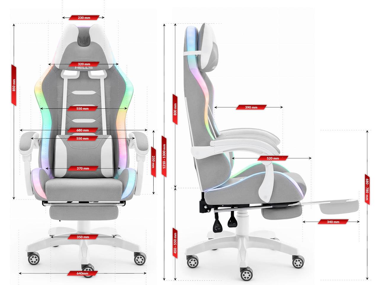 Комп'ютерне крісло Hell's HC-1039 тканина LED RGB Grey-White (5907196010798) - фото 7