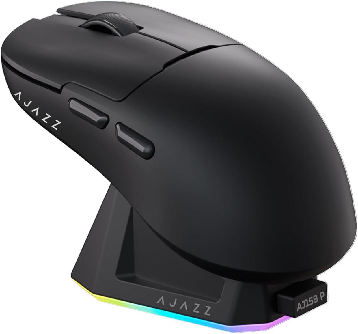 Миша ігрова бездротова Ajazz AJ159P із зарядною док-станцією RGB/сенсором PAW3395/26K DPI/56G/5 програмованими кнопками Black