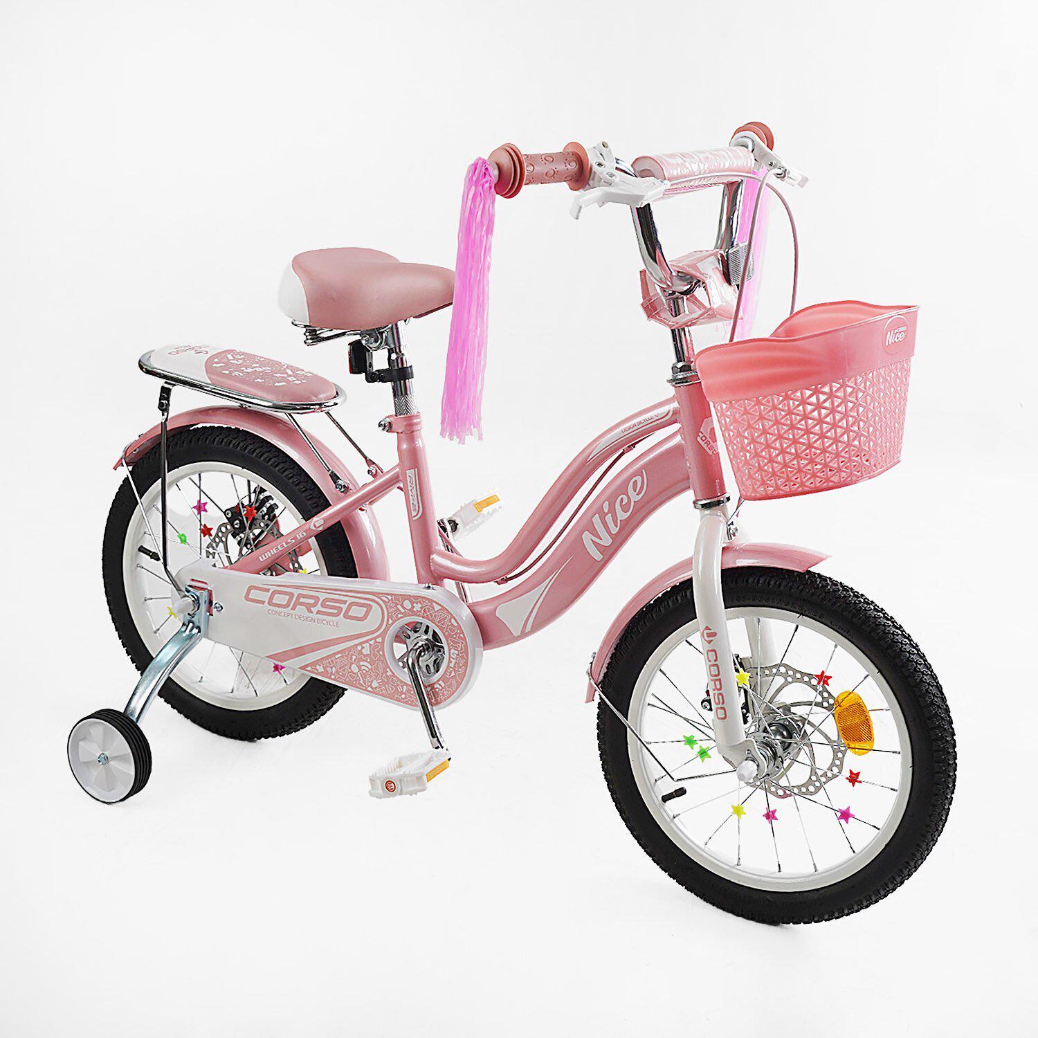 Велосипед двоколісний дитячий Corso Nice 16" з кошиком та багажником Рожевий - фото 1 Велосипед двоколісний дитячий Corso Nice 16" з кошиком та багажником Рожевий - фото 1