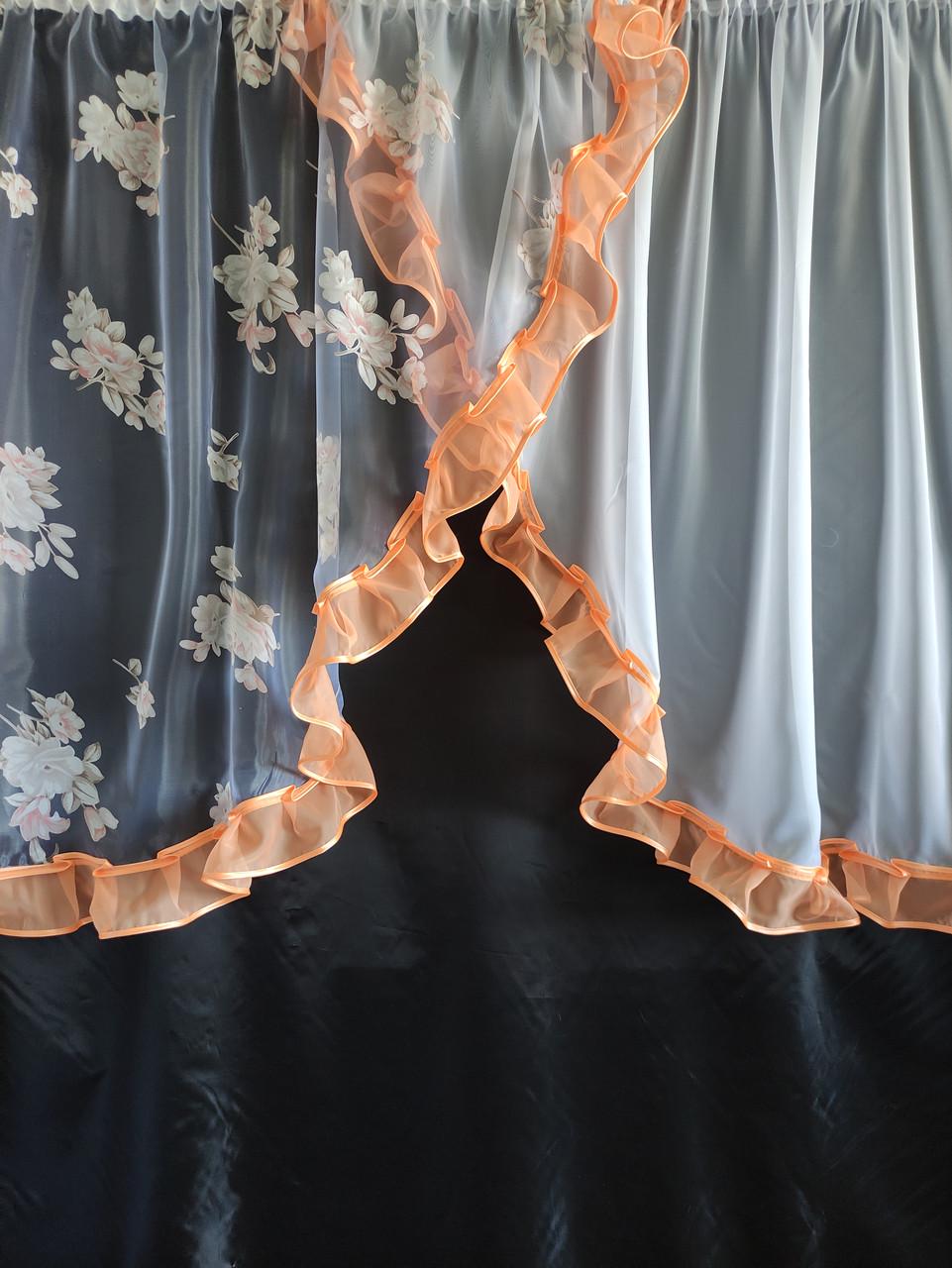Тюль кухонная Ирис из двух частей органза и шифон 300х140 см Белый с персиковым (уо-005) - фото 1