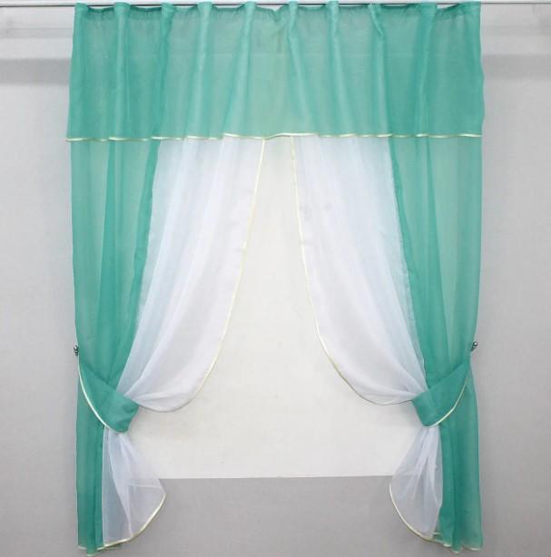 Комплект штор на кухню/балкон шифон 270х170 см Бирюзовый/Белый (090к)
