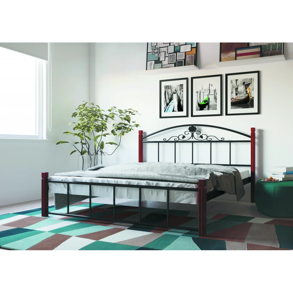 Ліжко металеве Касандра на дерев'яних ногах 140х200 см Чорний оксамит