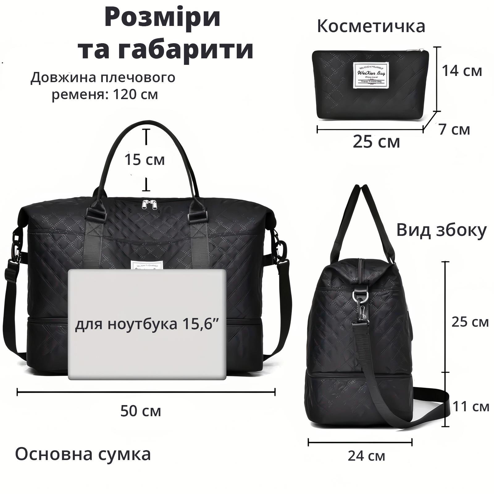 Дорожня сумка водонепроникна з відділенням для взуття та косметичкою 50х24х36 см Чорний (28341052) - фото 7 Дорожня сумка водонепроникна з відділенням для взуття та косметичкою 50х24х36 см Чорний (28341052) - фото 7