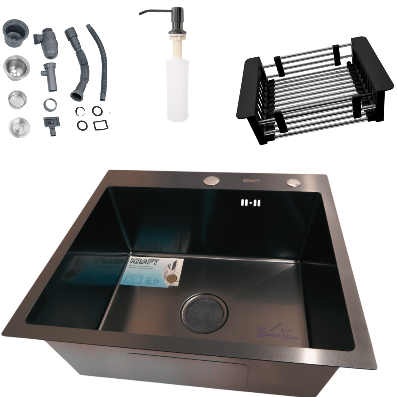 Комплект кухонной мойки Kraft HM NANO PVD 3,0/1,0 мм 50х50 см Black (2573478179)
