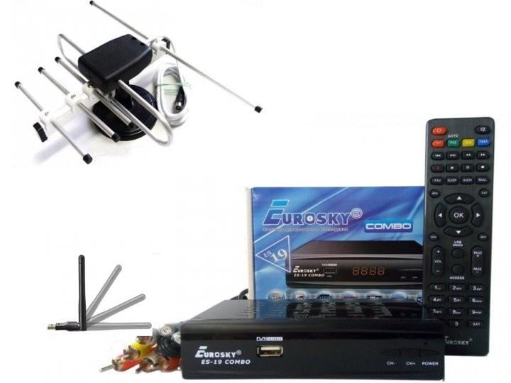 Комплект DVB-S2/T2 тюнер комбинированный Eurosky ES-19 Combo/антенна комнатная Волна-2/WiFi-адаптер