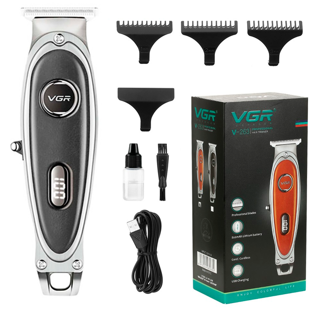 Триммер аккумуляторный VGR V-263 для бороды LED-дисплей 4 насадки Черный