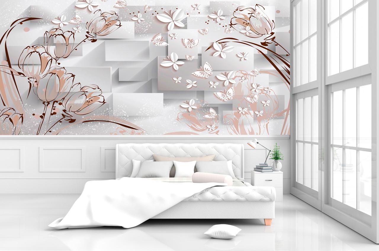 Фотообои 3D флизелиновые цветочные для спальни/зала/кухни Цветы и кубики