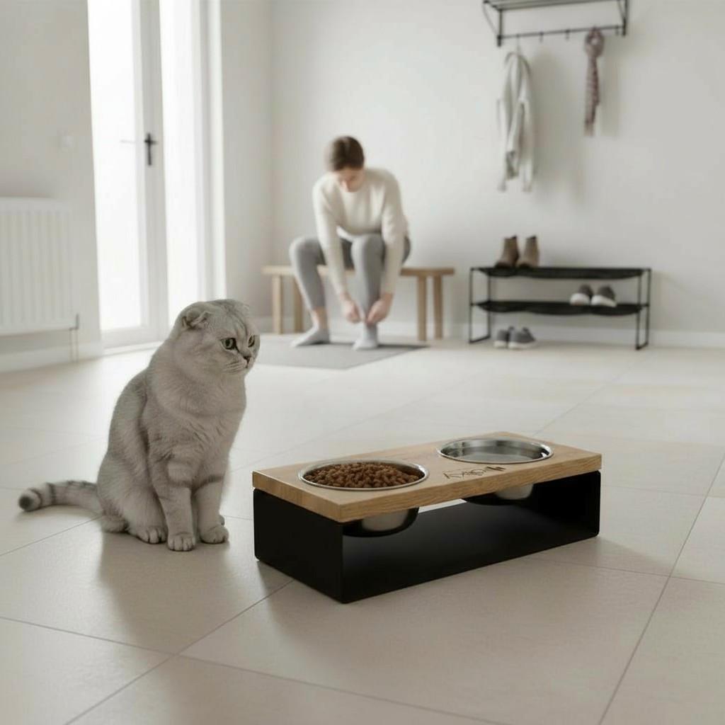 Миски на подставке из цельного металлического листа для собак и котов Hollky SteelWood S 2х0,45 л (SWS-36188-BLNT) - фото 1