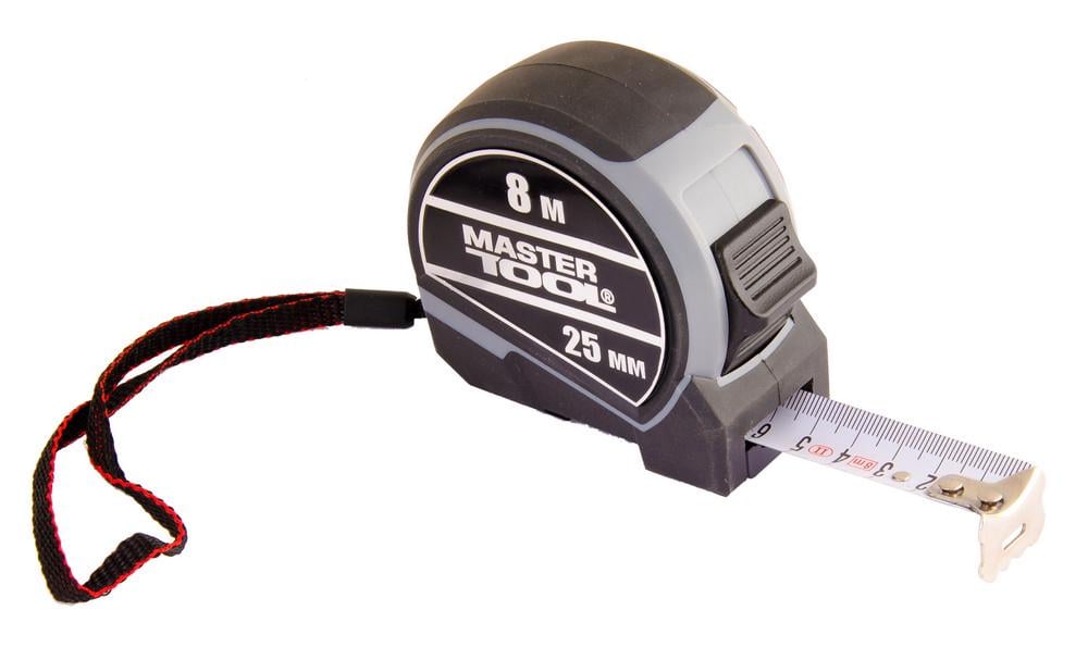 Рулетка MasterTool 8 м х 25 мм фіксатор полотна/кнопка STOP/нейлонове покриття/металева накладка (60-8025)