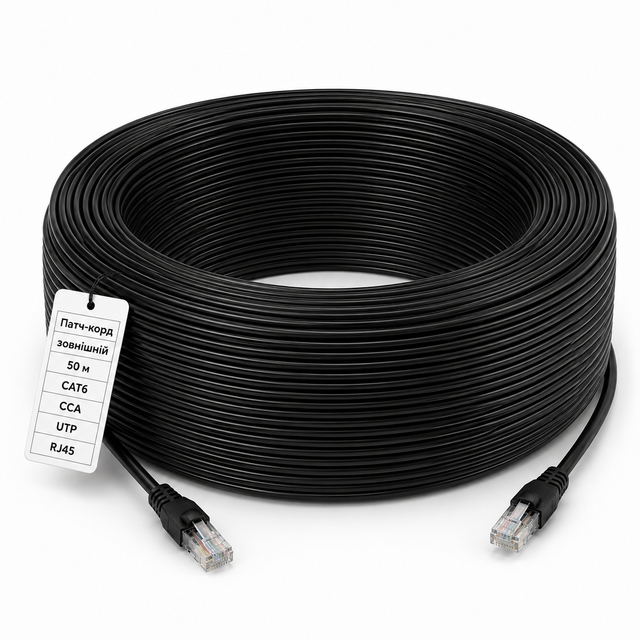 Патч-корд зовнішній Reap CAT6 50 м UTP RJ45 CCA біметал Чорний (884101м) Патч-корд зовнішній Reap CAT6 50 м UTP RJ45 CCA біметал Чорний (884101м)