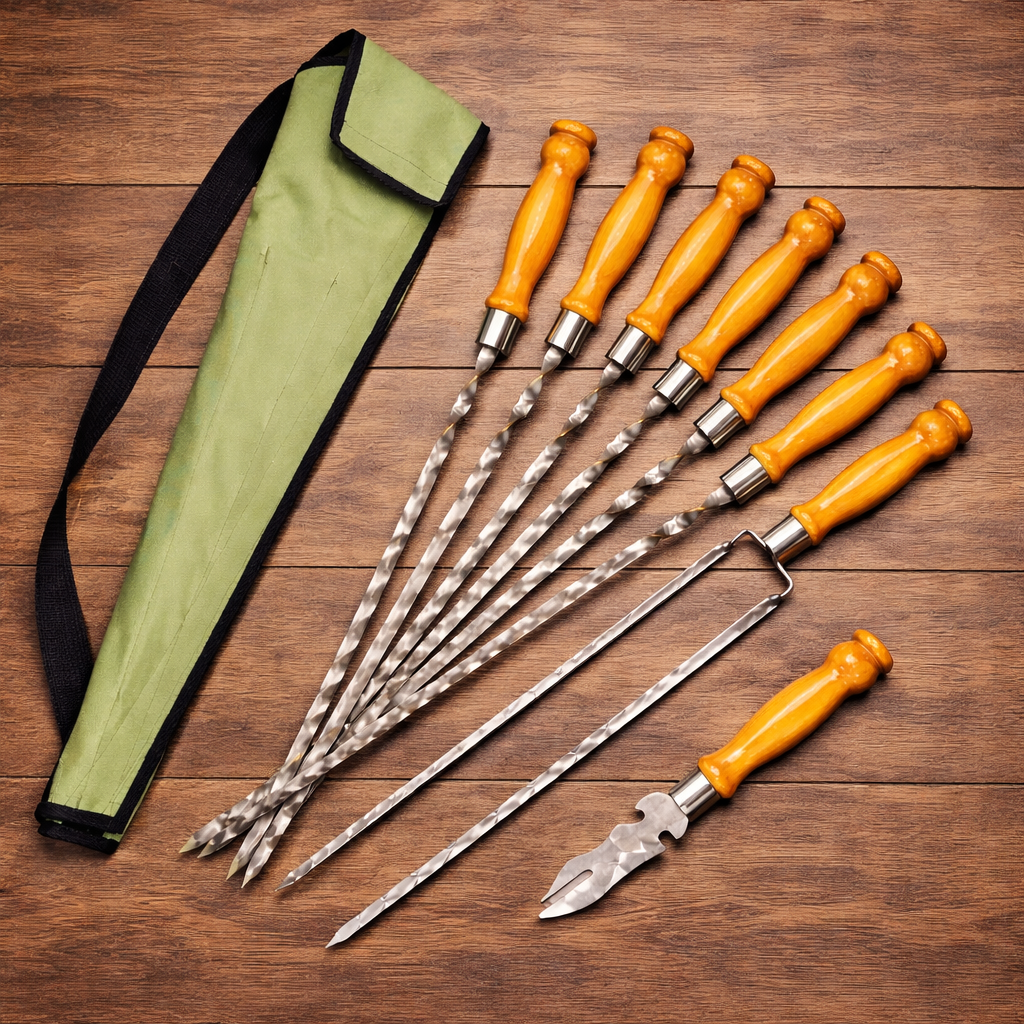 Набор шампуров Лира 6/1/1 светлая ручка в зеленом чехле (10261)