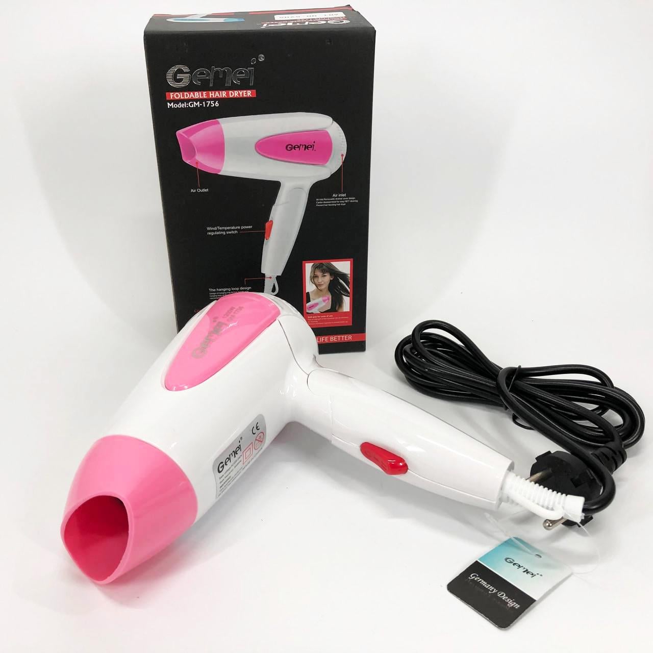 Фен для волосся складаний дорожній Gemei GM-1756 1200 Вт Рожевий