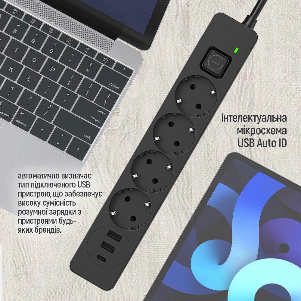 Удлинитель-фильтр сетевой СolorWay 4 розетки/2USB-A/1 TYPE-C 24W 5 м Black (CW-CHE435PDB) - фото 11