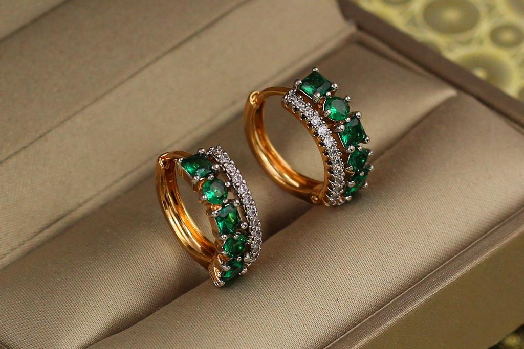 Серьги Xuping Jewelry Колечки трон с родием и зелеными камнями 1,6 см Золотистый (2278123439)
