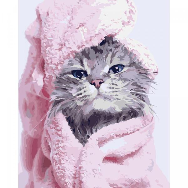 Картина по номерам Strateg Животные Выкупанный котик 40х50 см в термопакете (VA-3240-mt)