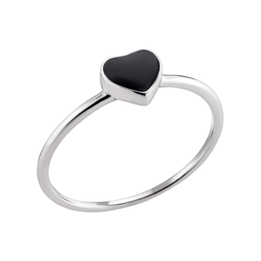Каблучка серце з чорною емаллю срібло 925 проби родоване 1,07 г р. 16,5 (вс695ер)