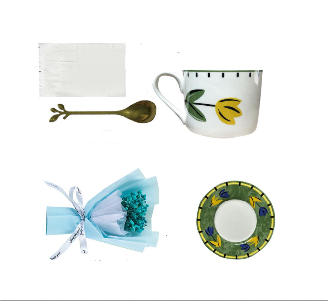 Сувенирный набор посуды Lesko 7X4 подарочная чашка с блюдцем/ложка/полотенце/букет из гипсофилы Blue (24366536)