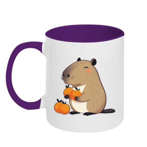 Чашка керамическая двухцветная Капибара радуется апельсинам 320 мл Белый с фиолетовым (17077545-41-199693)