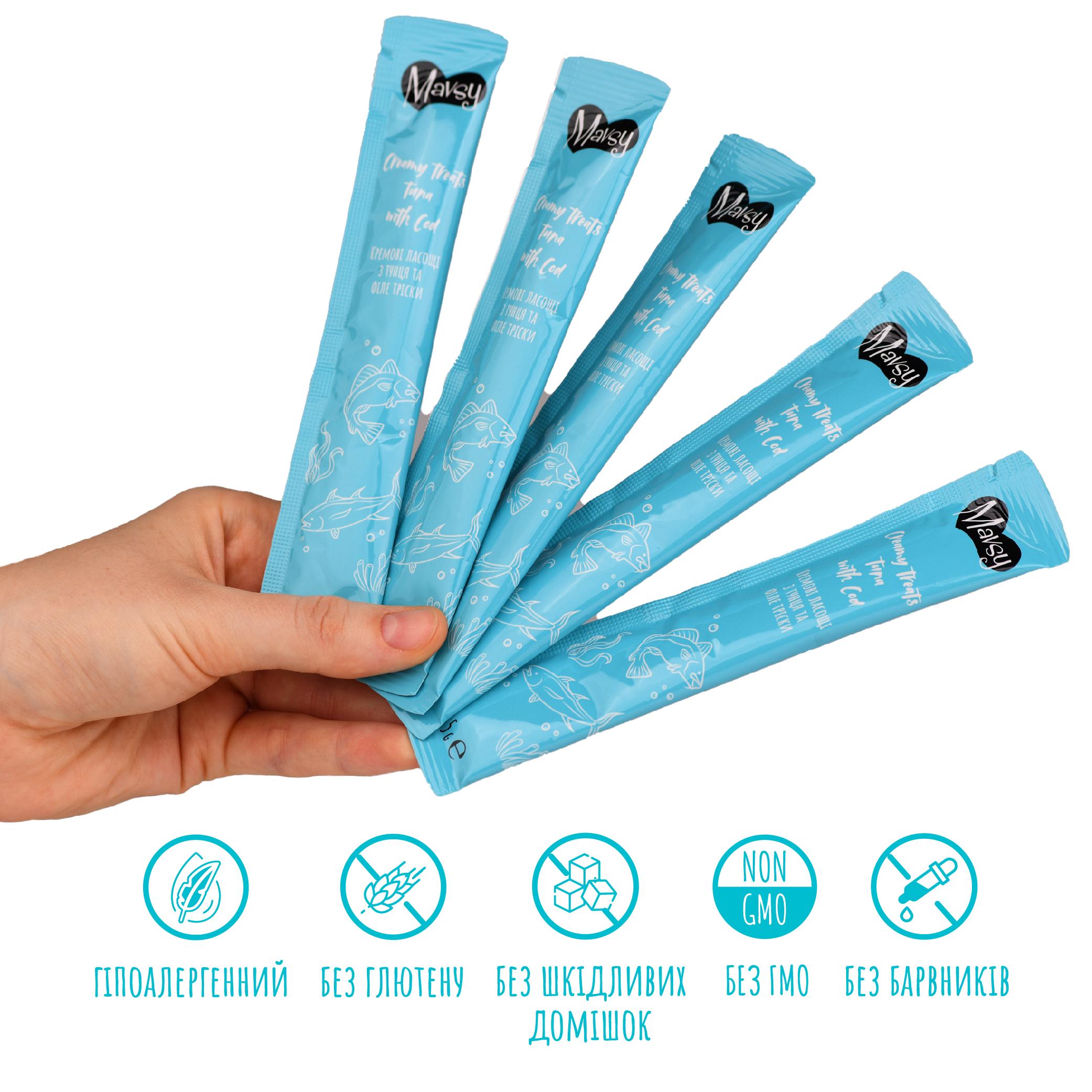 Ласощі для котів Mavsy Creamy lickable treats tuna with cod for cats 5х15 г - фото 7 Ласощі для котів Mavsy Creamy lickable treats tuna with cod for cats 5х15 г - фото 7